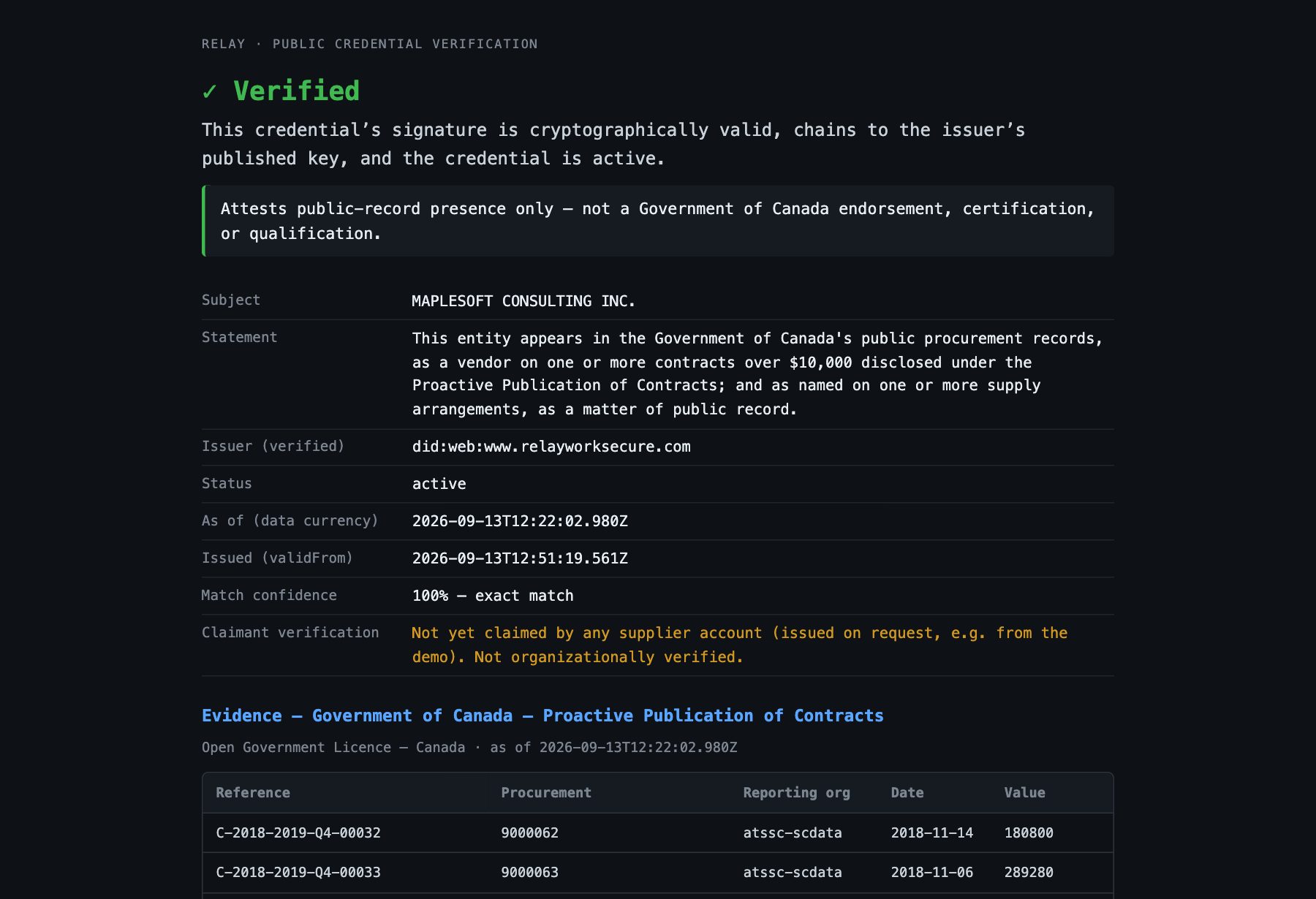 Public verification page showing a verified credential with evidence