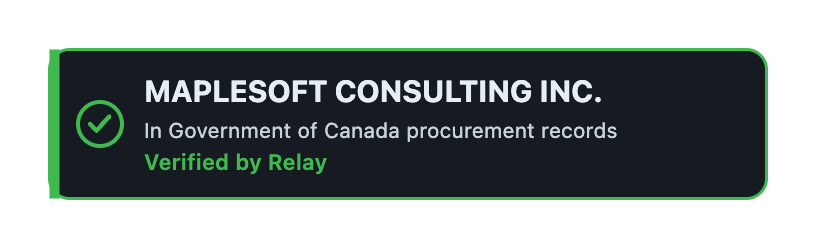 The Relay trust badge: entity name, 'In Government of Canada procurement records', 'Verified by Relay'