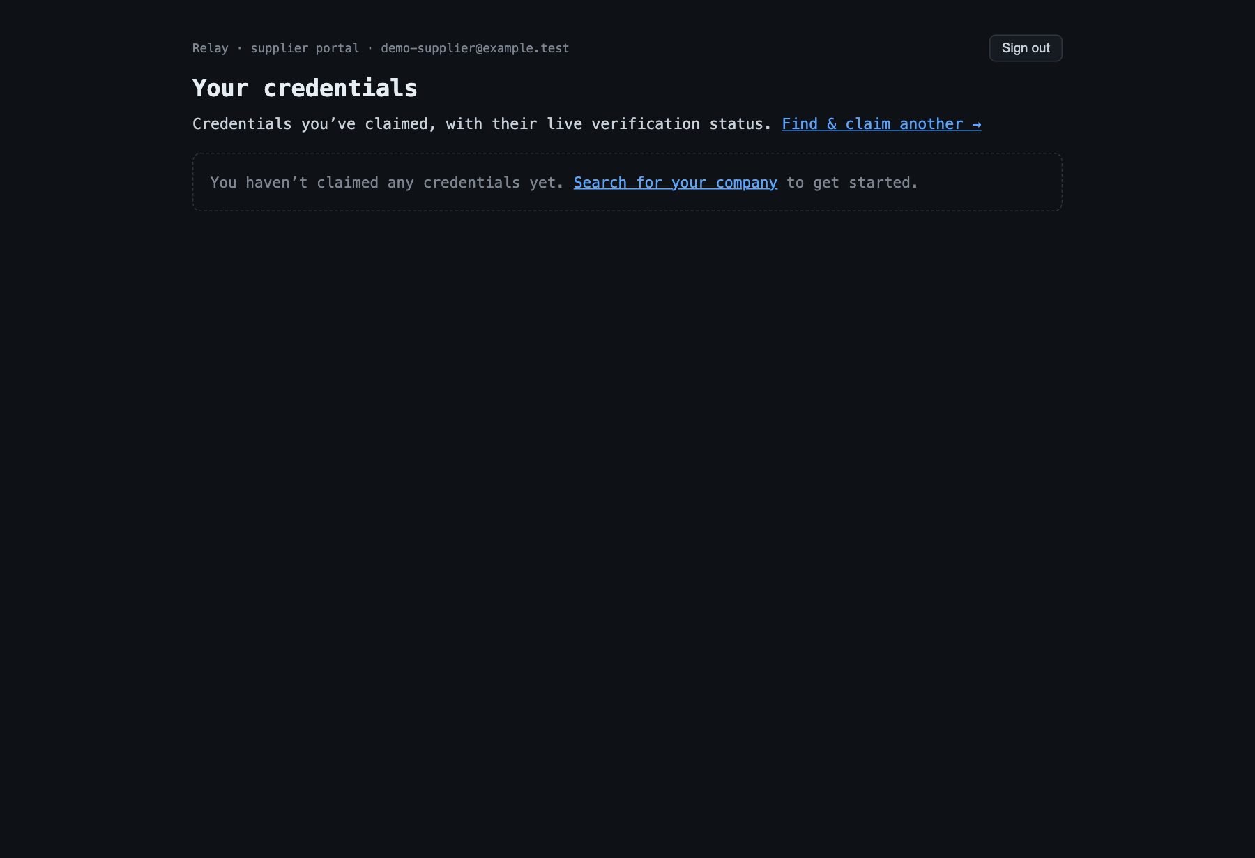 Empty dashboard after signing in with the demo account