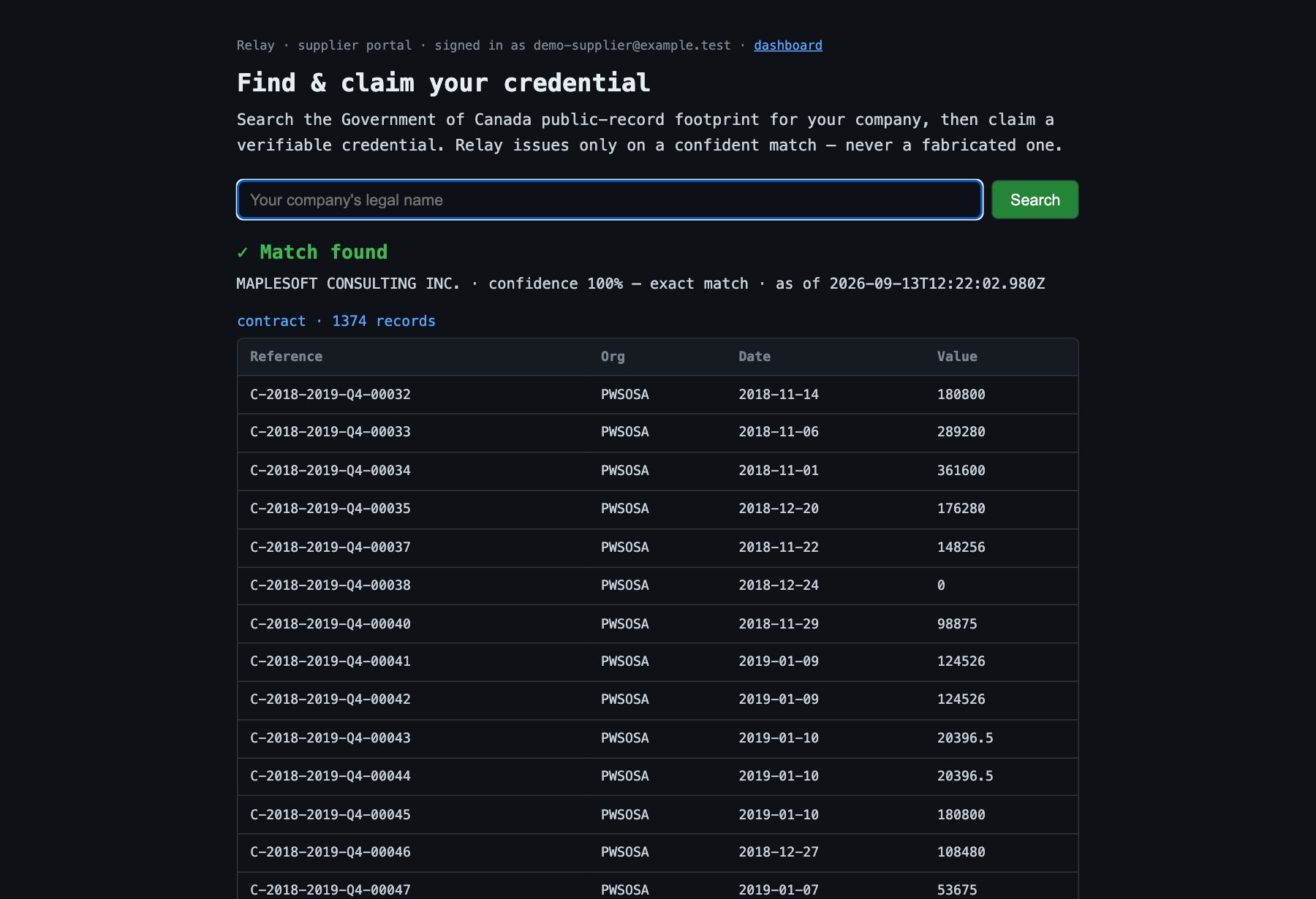 Portal search result showing an exact match for Maplesoft Consulting Inc. with its contract and supply arrangement records