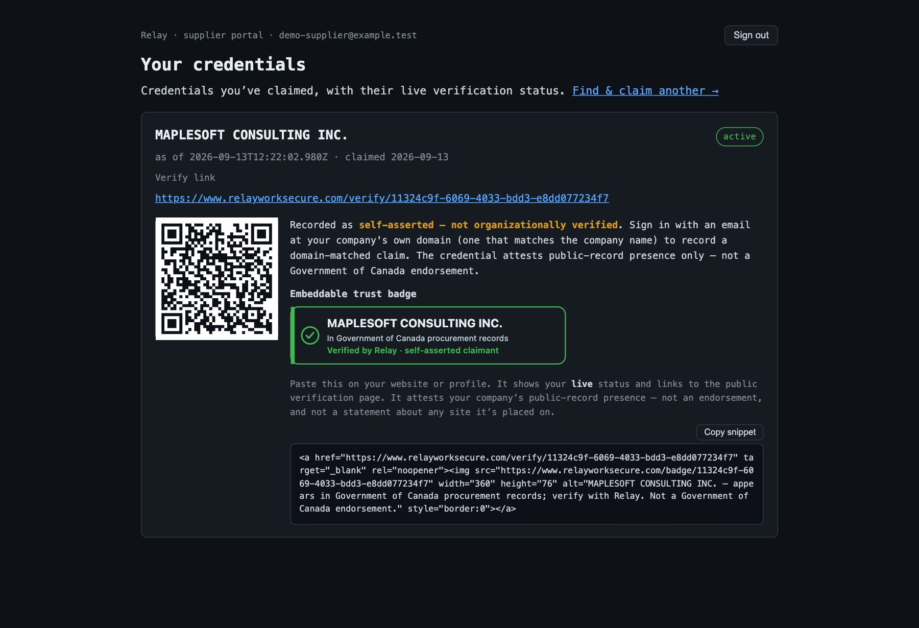 Dashboard showing the claimed credential with live status, QR, provenance, badge preview and copy-paste snippet